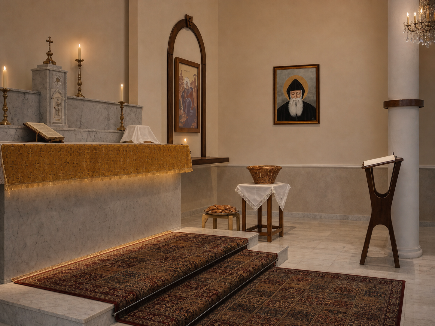 Marble altar, candles, lectern, and carpeted steps inside Saint Élie Church
