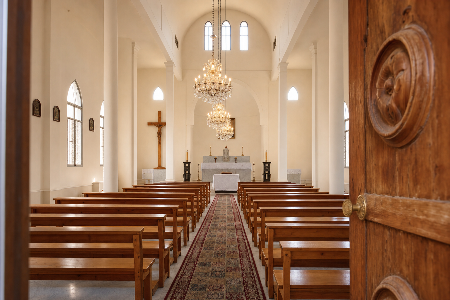 Central aisle and wooden pews leading toward the altar inside Saint Élie Church