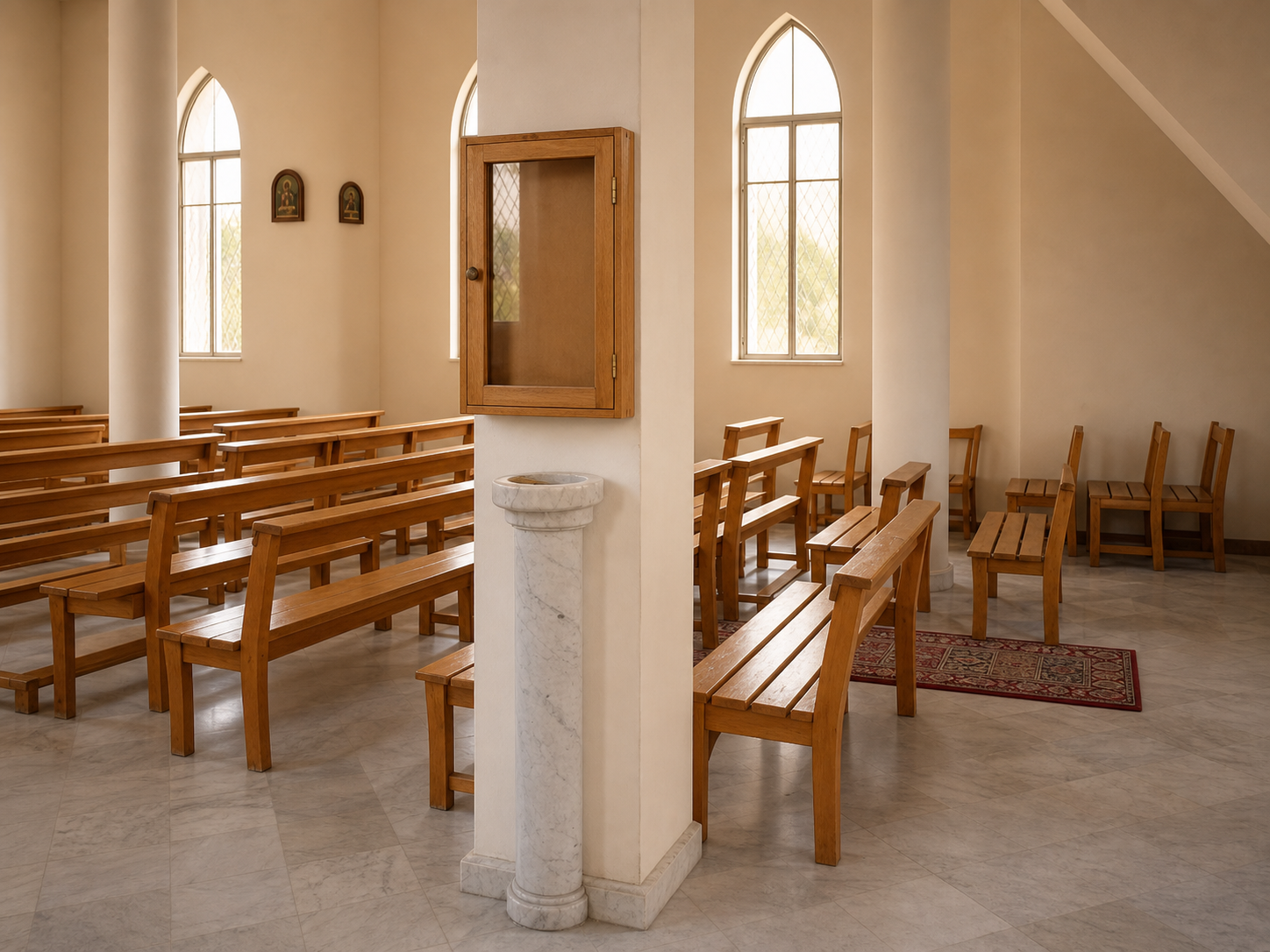 Wooden benches, pointed windows, and a marble fixture in the side nave